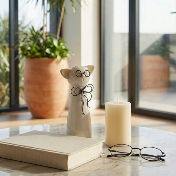 Decorative Ceramic Cat with Glasses Figurine for Home Decor - Ornaments Accent for Bathroom, Office Desk, and Shelf Display - Statue for Living Room and Coffee Table Styling - 8", White