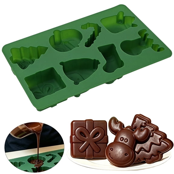 8 Cavities Christmas Element Pattern Silicone Cookies Biscuit Mold, Reusable DIY Jelly Chocolate Mold, Ice Cube Tray Wax Melt Molds(1pcs Green)
