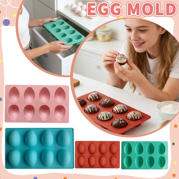 8-Cavity Egg Shaped Silicone Mold for Baking, Food Grade Non-Stick Easter Silicone Mold for Chocolate Candy Jelly Soap Making (1Pc, Pink)