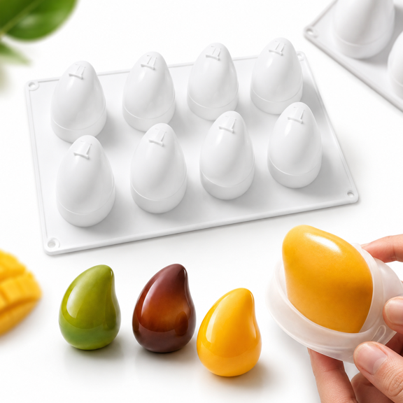 8-Cavity Mango Series Mousse Silicone Mold, Professional Half-Sphere Tray for Fruit Desserts, Chocolate, and Soap