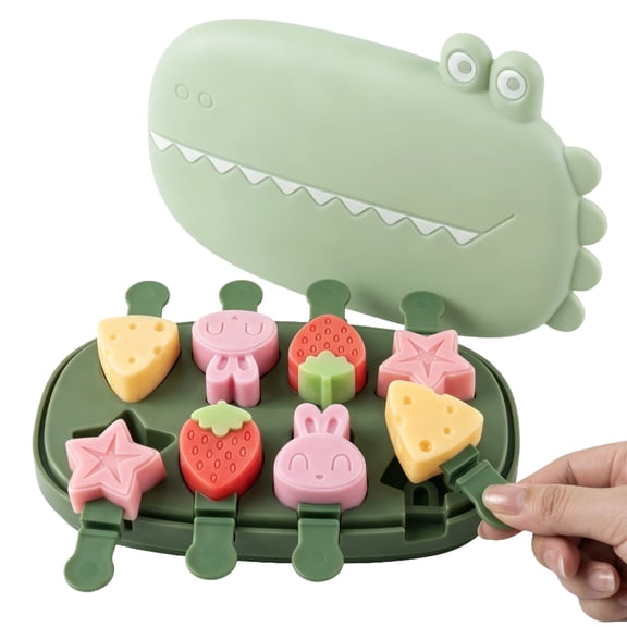 8-Cavity Popsicle Molds, Food-Safe Silicone Ice Cream Molds with Crocodile Lid, Fun Shaped Homemade Mini Ice Popsicle Maker with 8 Reusable Sticks, 7.5 x 4.7 in