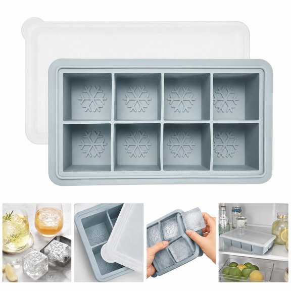 8-Cavity Silicone Ice Cube Tray with Lid, Large Square Ice Mold with Snowflake Pattern, Reusable Freezer Ice Cube Maker for Whiskey, Cocktails, Juice, Water and Everyday Drinks, Mint Green