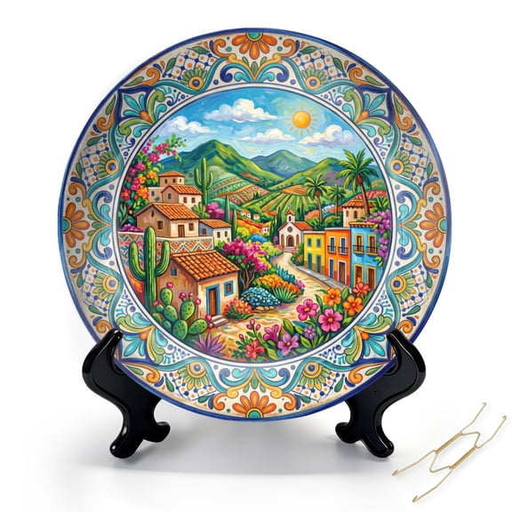 8" Decorative Plate Mexican Ceramic Plates for Display with Stand & Hook Circular, Porcelain Ornament, Colorful Mediterranean Village Landscape Mountain Wall Hanging Decor Gifts for Mom Nana