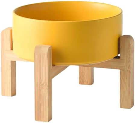 8'' Ceramic Raised Dog Bowl - 70Oz Dog Food & Water Bowl with Elevated Non-Slip Bamboo Stand, Dishwasher & Microwave Safe, Anti Vomiting Heavy Duty Pet Bowl for Medium and Large Dogs, Yellow