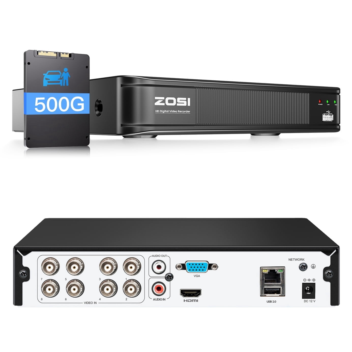 ZOSI 8 Channel 5MP 3K Lite H.265+ CCTV DVR Recorder with 500GB SSD, Hybrid 4-in-1 TVI/CVI/AHD/Analog 1080p HD Surveillance DVR for Security Camera, AI Human Vehicle Detect, Alert Push, Remote Access