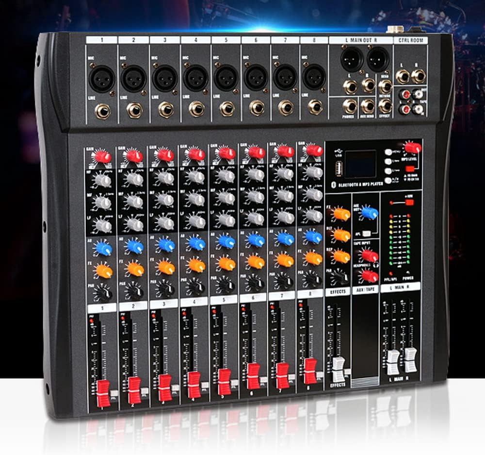 8 Channel Audio Mixer DJ Mixer, Professional Sound Board Mixing Console with Bluetooth USB Digital, Live Studio Audio Mixer 48V Phantom Power for Karaoke Streaming Recording