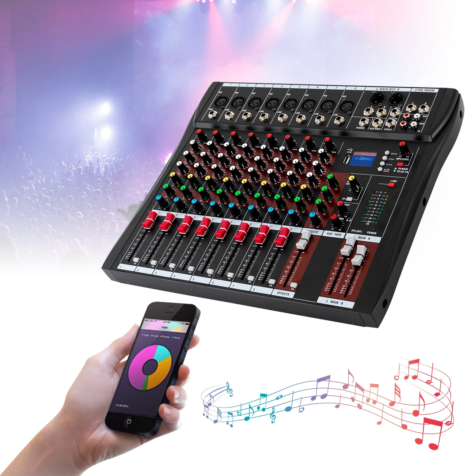 8 Channel Audio Mixer DJ Mixer, Professional Sound Board Mixing Console with Bluetooth USB Digital, Live Studio Audio Mixer 48V Phantom Power for Karaoke Streaming Recording