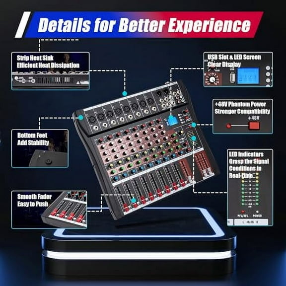 8 Channel Audio Mixer Sound Board Console, Professional Sound Mixing Desk System with Bluetooth USB for PC, Digital DJ Live Studio Stage Music Amplifier Phantom Power Stereo