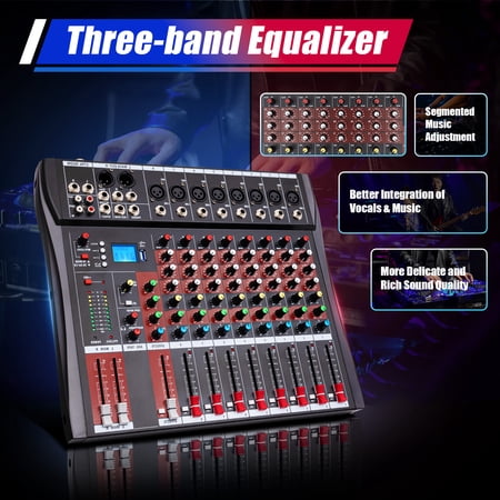 8 Channel Audio Mixer with LED Indicators, 3-Band Equalizer, Real-time Monitoring, Professional Live Studio Mixing