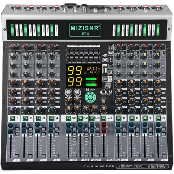 8 Channel Music Mixing Board with Dual 99DSP&7-Band EQ, Professtional DJ Mixer Sound Console w/ 2.0 USB Port, Bluetooth, 48V Phantom Power&Mute Function for Studio Live Performance