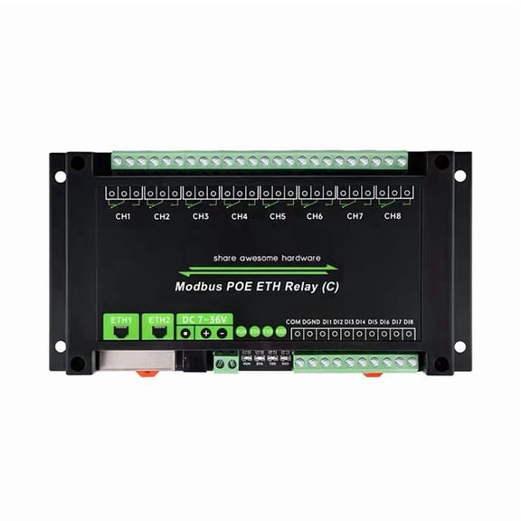 8-Channel Relay Module Dual Ethernet Port Modbus RTU Protocol Supply PoE Support Network Port Cascade Communication,1 * Relay Modules,Black