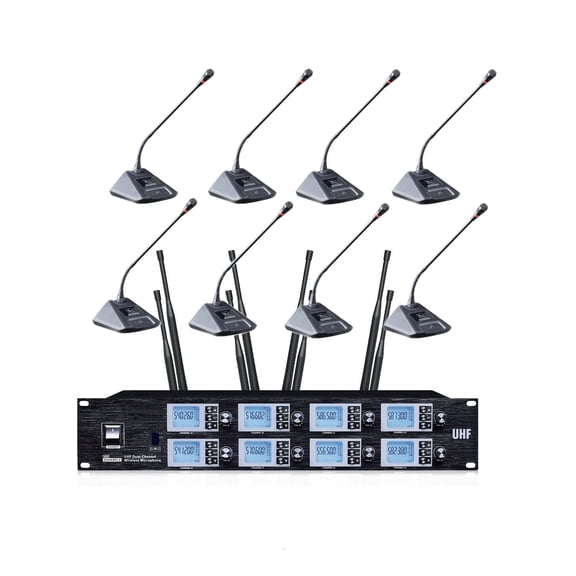 8-Channel UHF Wireless Conference Microphone System,8 Desktop Gooseneck Microphones for Church School Stadium Exhibit, Range up to 328 Feet