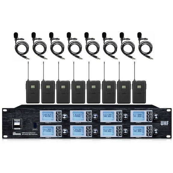 8 Channel UHF Wireless Lavalier Lapel Microphone System for School Stage Theatre