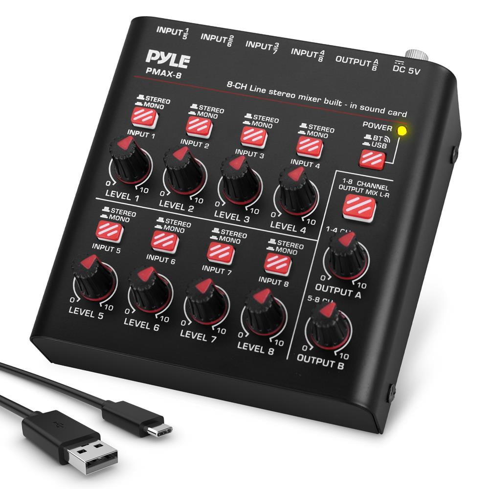 8-Channel Wireless BT Streaming Mini Line Mixer with USB Audio Interface - 8 Mono/Stereo Switching Inputs
