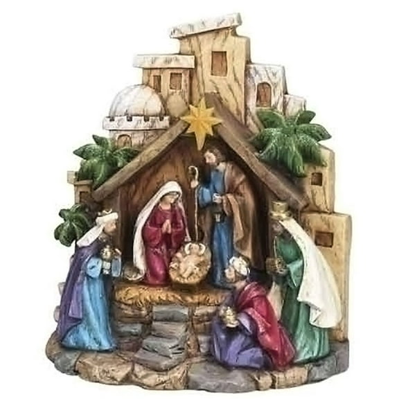 8" Christmas Nativity Resin Stone Figurine with Light Up LED Star