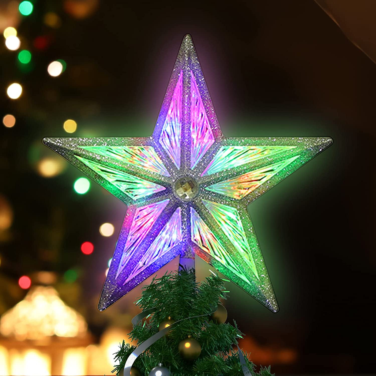 8" Christmas Star Tree Topper, 3D Golden Glitter Tree Toppers Christmas Decorations,With 10 Led
