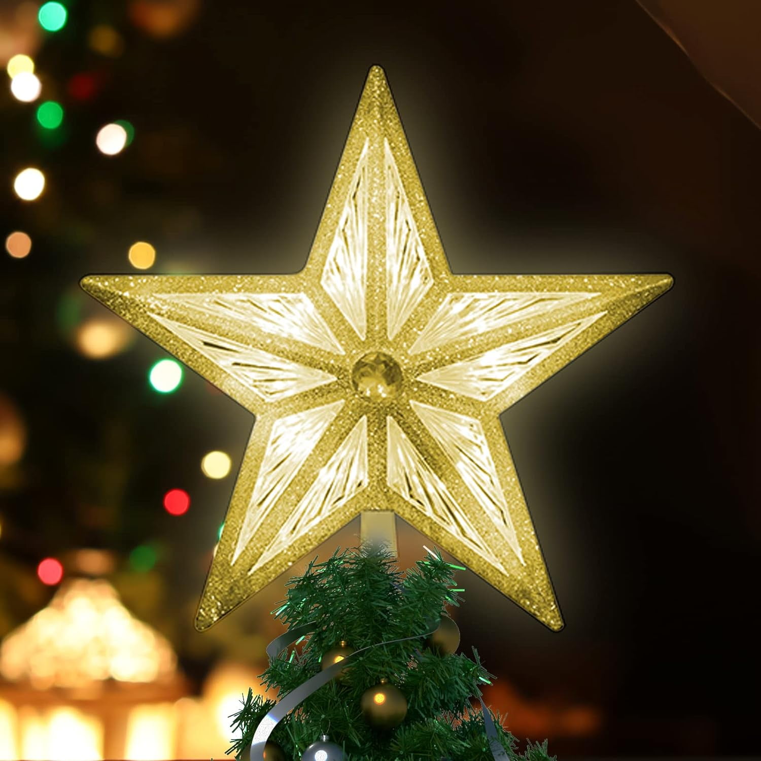 8" Christmas Star Tree Topper, 3D Golden Glitter Tree Toppers Christmas