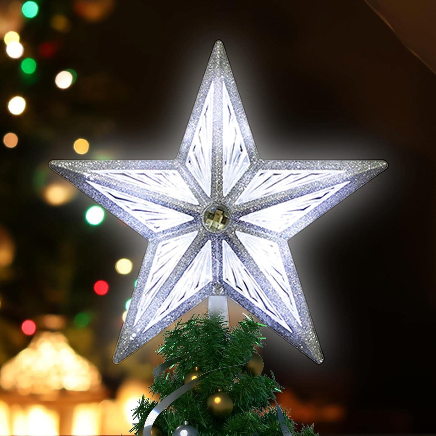 8" Christmas Star Tree Topper, 3D Golden Glitter Tree Toppers Christmas Decorations,With 10 Led