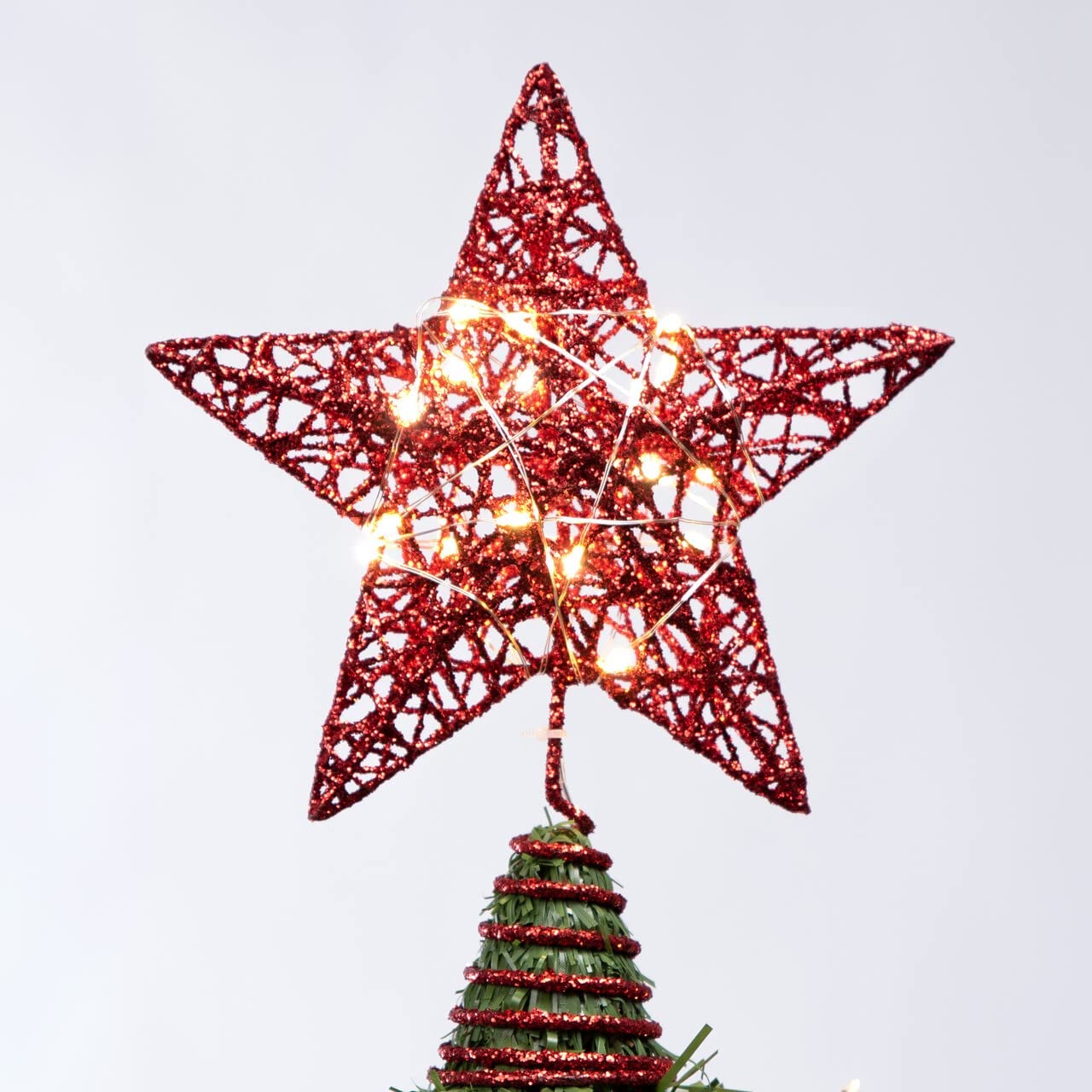 8" Christmas Tree Toppers, Glitter Red Star Tree Topper Lighted,with