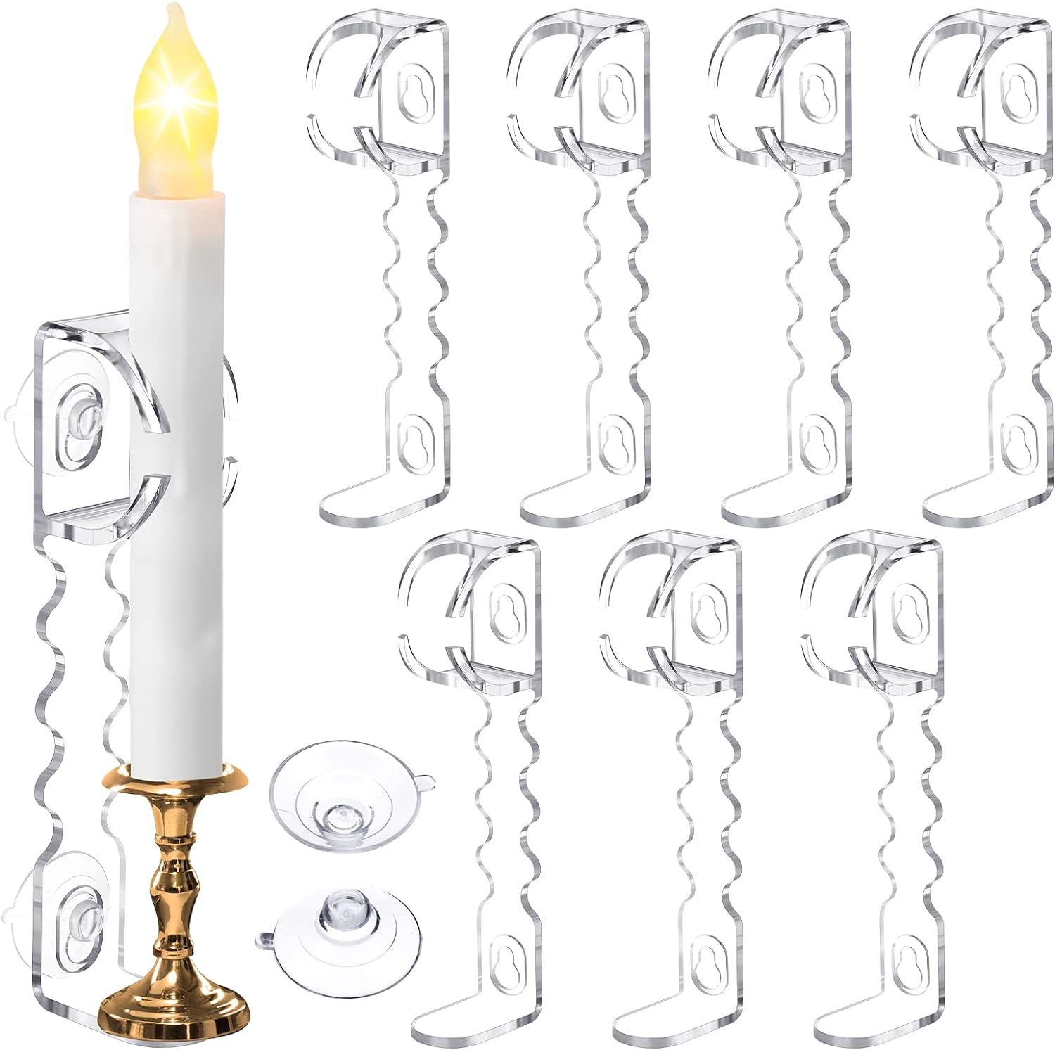 8 Christmas Window Candle Holders with Suction Cups Clear Plastic L