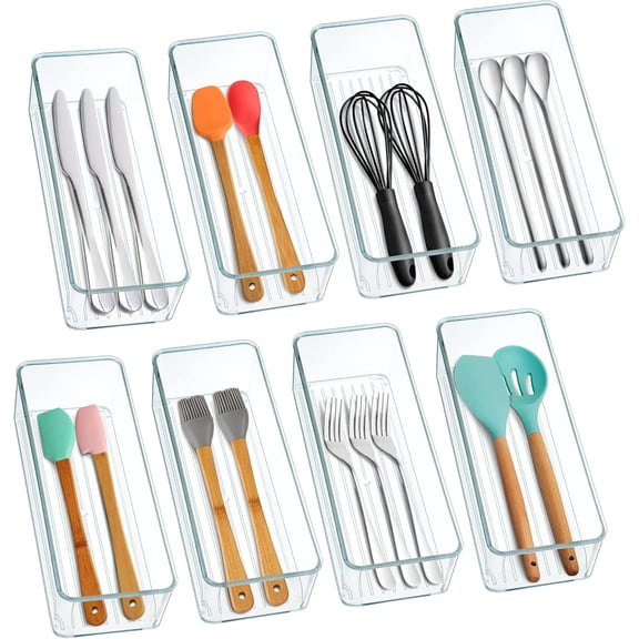 8 Clear Drawer Organizer Bins Set, Stackable Cutlery Storage Bins Trays for Organizing Kitchen, Bathroom, Office, Crafts, Gadgets, Cabinet Supplies