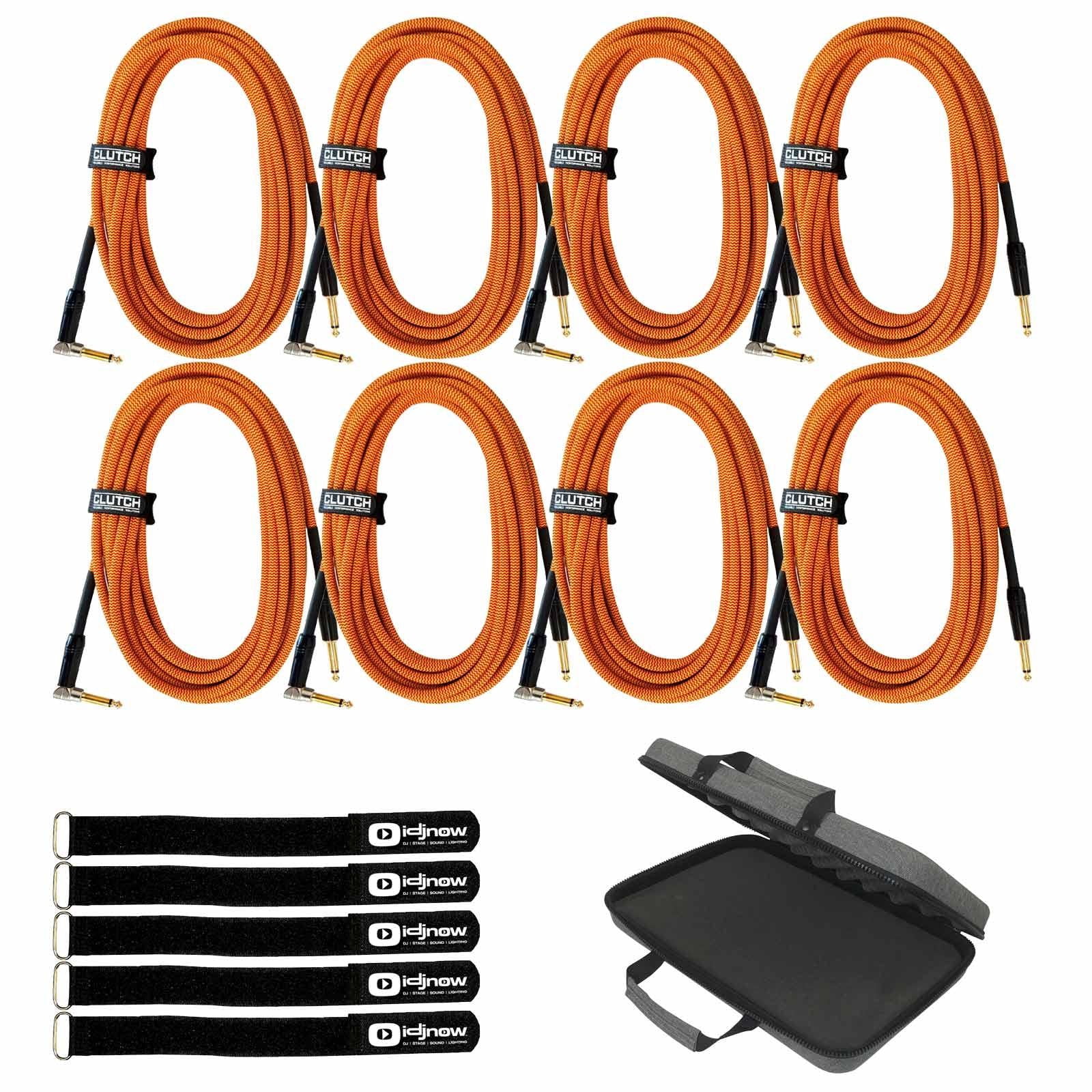 (8) Clutch 20 foot Right Angle 1/4" TS to straight 1/4" TS Instrument Cables with Carry Case Package