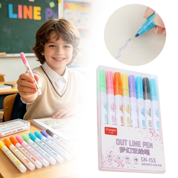 8-Color Double Line Outline Marker Set, Glitter Metallic Pens for Journaling, Scrapbooking, and Card Decor