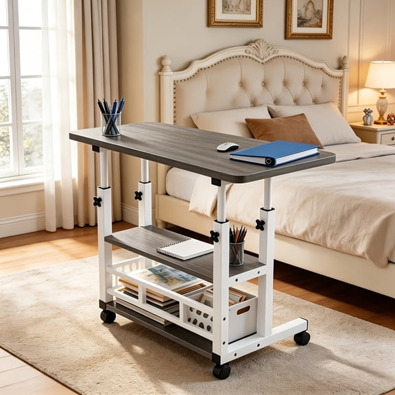 8-Color Height Adjustable 3-Tier Mobile Computer Desk, Rolling Laptop Cart with Knob Lifting Design, Lockable Universal Caster Wheels, Metal Frame Space-Saving Portable Workstation for Home Office