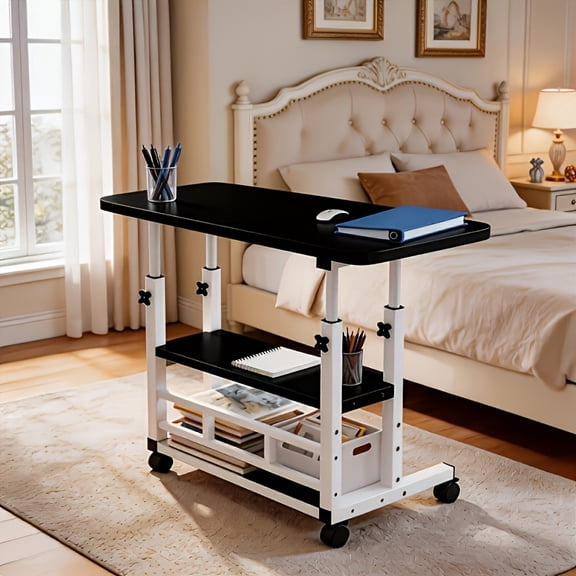 8-Color Height Adjustable 3-Tier Mobile Computer Desk, Rolling Laptop Cart with Knob Lifting Design, Lockable Universal Caster Wheels, Metal Frame Space-Saving Portable Workstation for Home Office