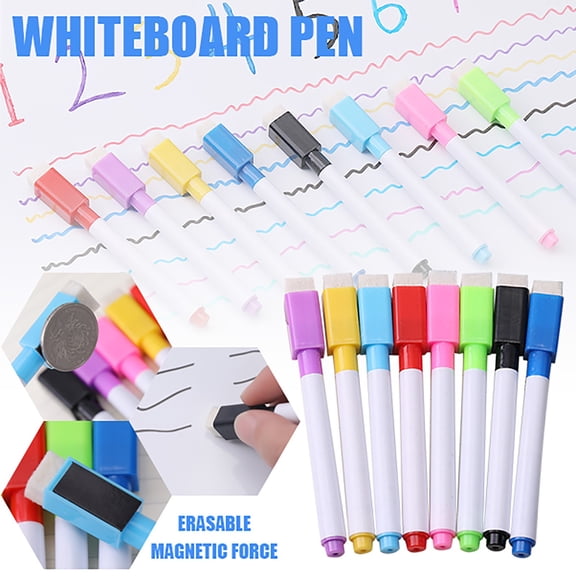 8-Color Magnetic Whiteboard Markers with Eraser Cap, Fine Tip Dry Erase Pens for Office Meeting Training and Home Kitchen Organization, Water-Based Non-Toxic Markers Stationery Stationery Supplies