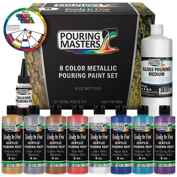 Pouring Masters 8-Color Ready-to-Pour Acrylic Pouring Paint Set, with Silicone Oil & Gloss Medium, 8oz Bottles, Pour Paint Supplies for Canvas & Crafts