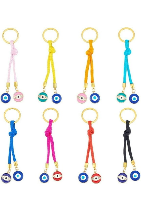 8 Colors Demon Eyes keychains 8pcs Evil Eyes Key Rings Devil's Eye Bag Chain with Polyester Cords and Alloy Enamel Charms Keychain