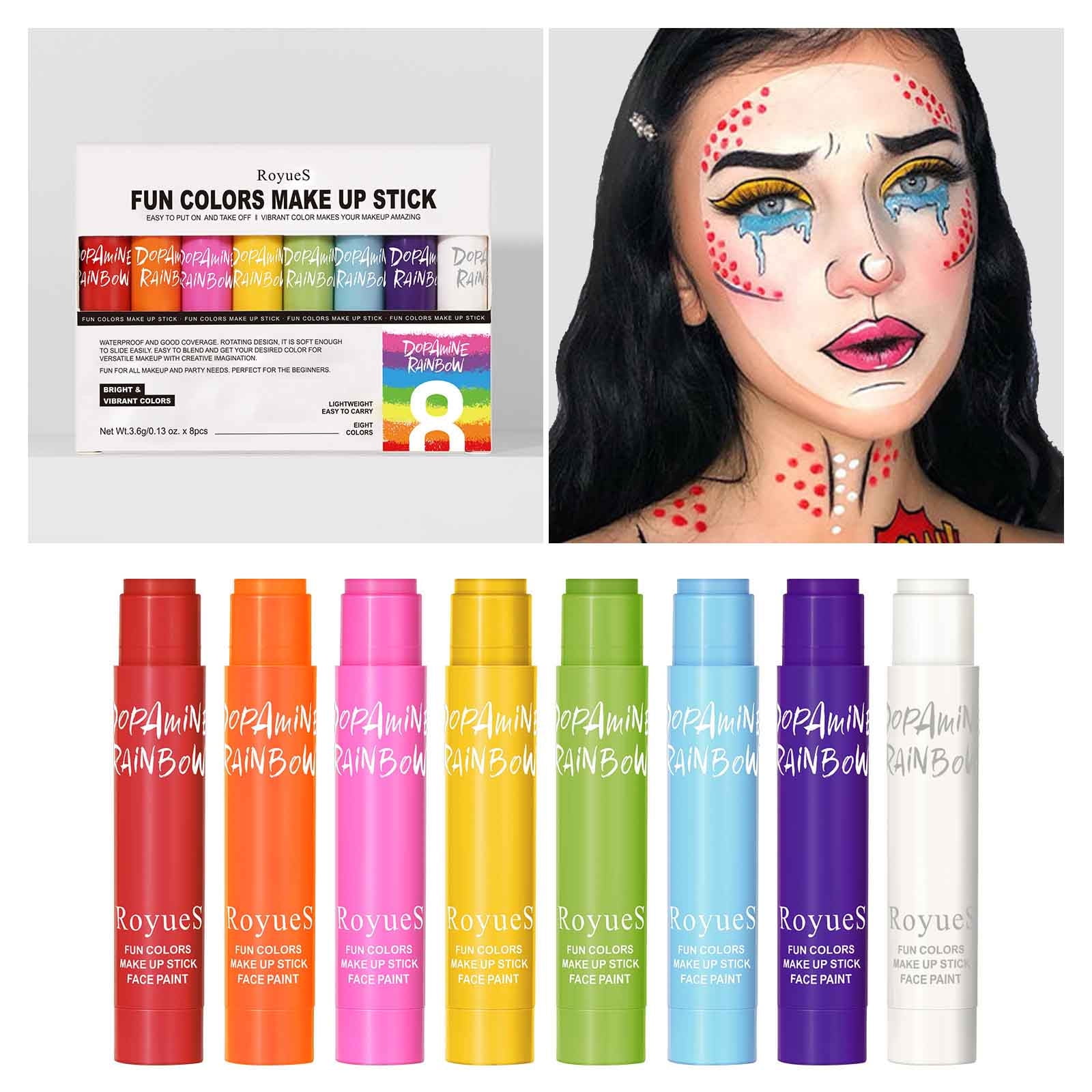 8 Colors Dopamine Face Paint Stick Set, Rainbow Doodle Crayons Body