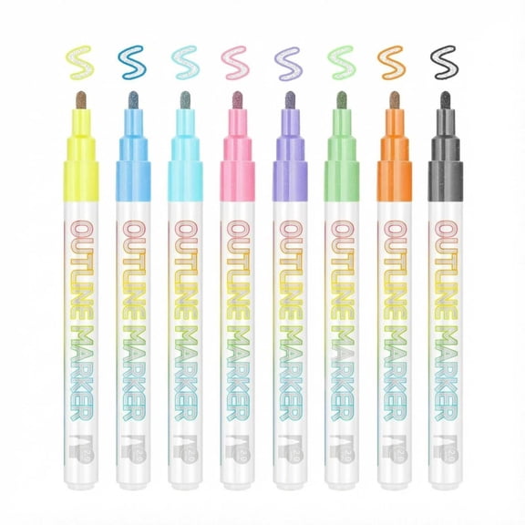 8 Colors Double Line Outline Pens, Glitter Metallic Self-Outline Markers, Magic Shimmer Markers for Greeting Cards, DIY Crafts, Rock Painting & Journaling