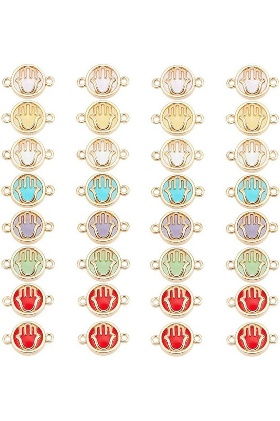 8 Colors Hamsa Hand Link Charms Glass Two Hole Links Connectors Flat Round Charm Beads