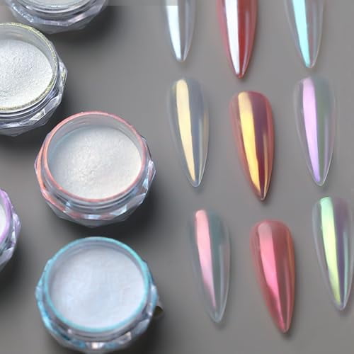 8 Colors Iridescent Pearl Chrome Nail Powder, Aurora Pearl Nails Chrome White Pearl Chrome Powder for Nails Metallic Manicure Pigment