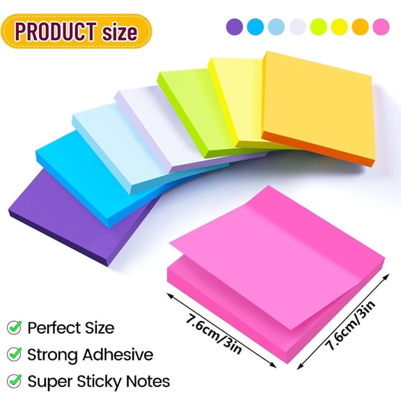 8 Colors Stick Pads, Strong Adhesive Bright Colors Sticky Notes 3x3Inches, Easy to Post Mini Sticky Notes for Home, Office, Notebook, Clean Removal, Home and Office Supplies,Z2-8 Colors