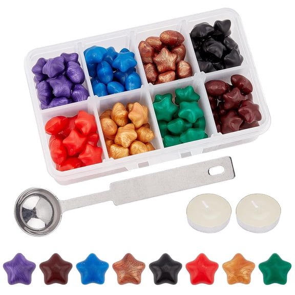 8 Colors Wax Seal Beads Kit Star Shape 120PCS Packed in Box with Wax Melting Spoon and Candles for Letter Greeting Card Wax Sealing Stamp DIY