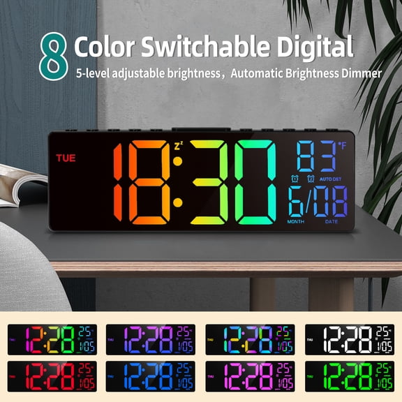 8 Colours Digital Wall 10.5 inches Clock with Date, Temperature, Adjustable Brightness, Auto DST, Remote Control for Desk, Bedroom,Living Room, Bedroom,Classroom