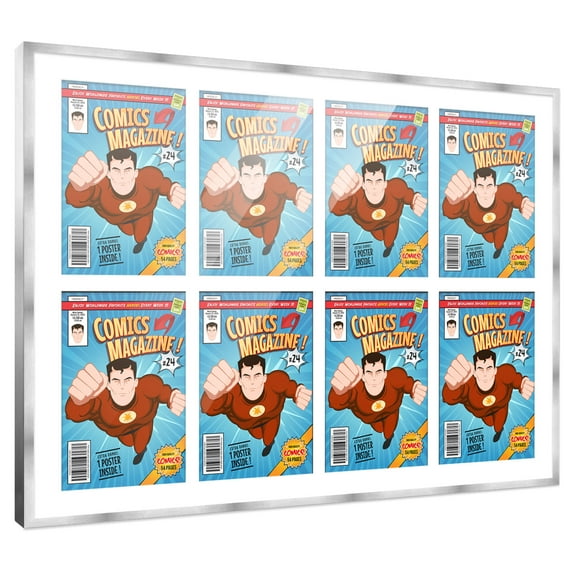 Comic Book Frame with Mat for 8 Golden Age Comics Published Between 1938 and 1956 - Silver Wood