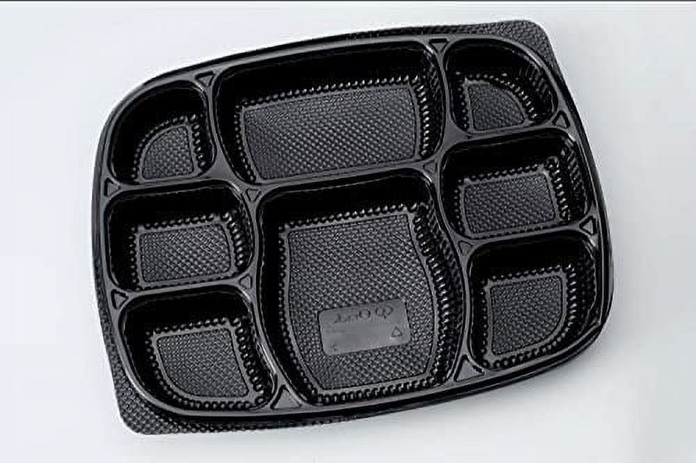 5 Compartment Black Disposable Plastic Plates w/ Lid- 100pcs