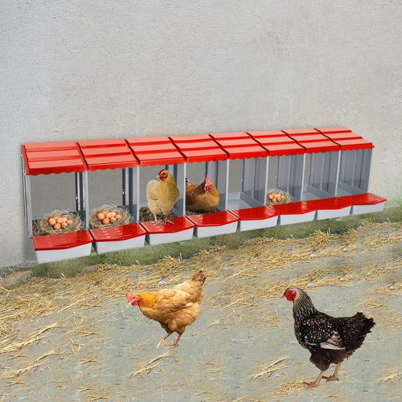 8 Compartment Chicken Nesting Box Freestanding or Wall-mounted Rolling Egg Collection & Protection Nest Box for Hens, Ducks, Poultry Coop, Easy Egg Collection, Red (87.7"L)