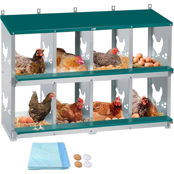 8 Compartment Chicken Nesting Box - Heavy Duty Metal Coop with Roll Away Egg Collection, Perch, Lid Cover for Egg Protection - Wall Mount/Free Standing Nest Box for Chickens, Hens, Ducks