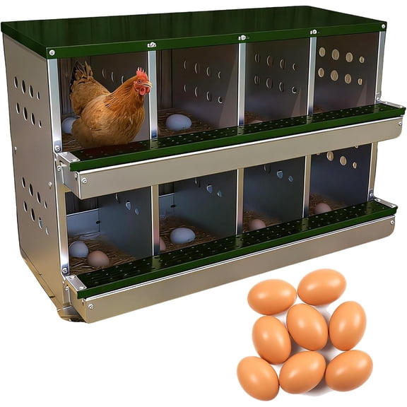8-Compartment Chicken Nesting Box Roll Away Egg Laying Box with Front Tray Galvanized Steel Hen Nest Box with 8 Training Eggs for Coop Green