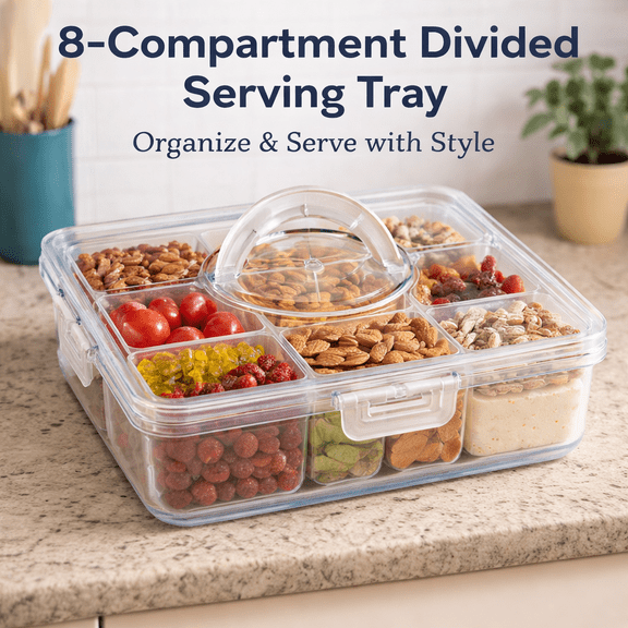 8-Compartment Divided Serving Tray with Clear Lid for Snacks, Candy & Food Storage-640ML, 2-set