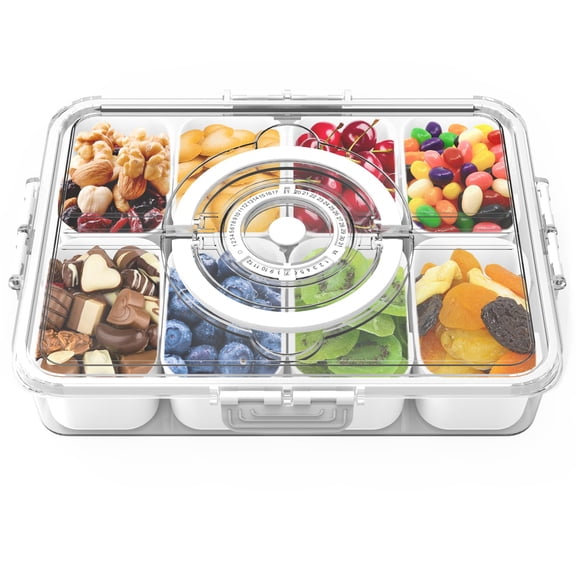 8-Compartment Divided Serving Tray with Lid and Handle, White, Portable Snack Organizer