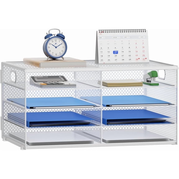 8-Compartment Mesh Paper Organizer with Handle, 4-Tier White Desktop Mail Sorter Tray