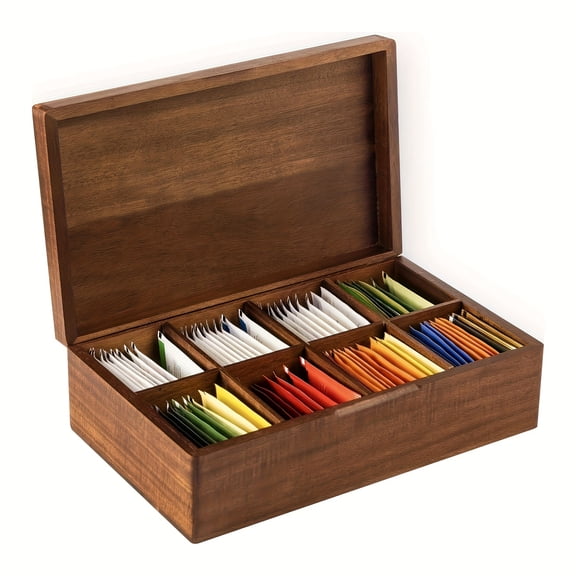 8-Compartment Rustic Brown Wooden Tea Bag Organizer Box - Durable Storage Caddy for Kitchen Pantry, Holds Teas Neatly