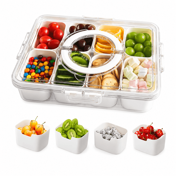 8-Compartment Snack Box Container with Removable Trays, Clear Portable Snack Organizer for Fruit, Nuts, Candy, Veggies and Crackers