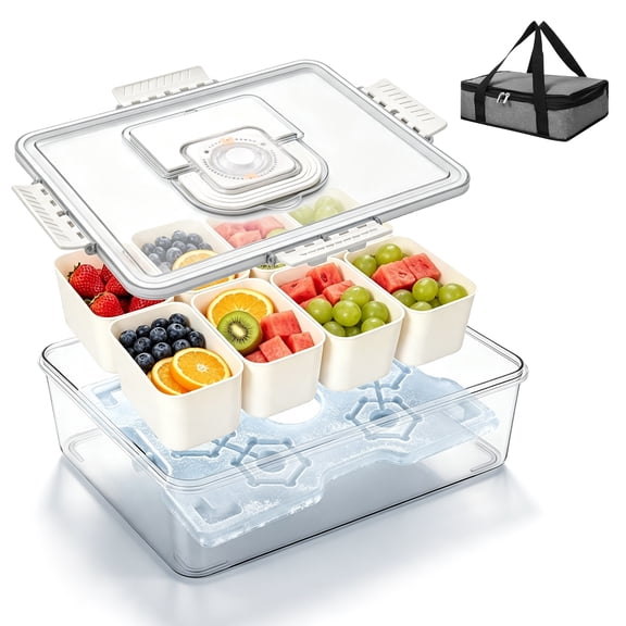 8-Compartment Snackle Box with Ice Pack, Divided Serving Tray with Lid and Handle for Travel, Party, Fruits and Snacks